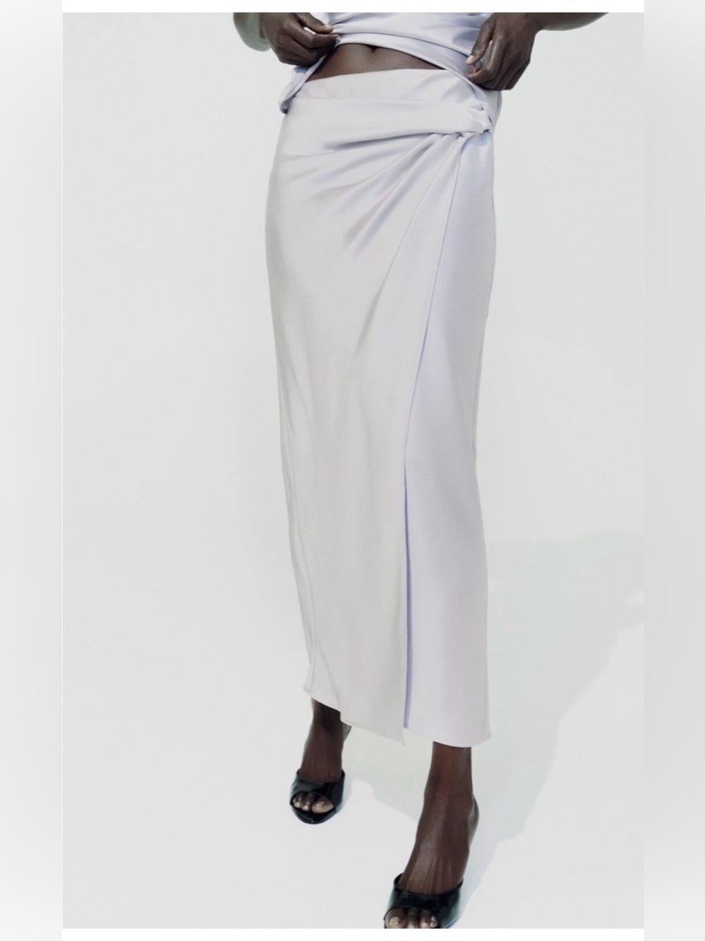 Zara Silver Satin Draped Midi Skirt